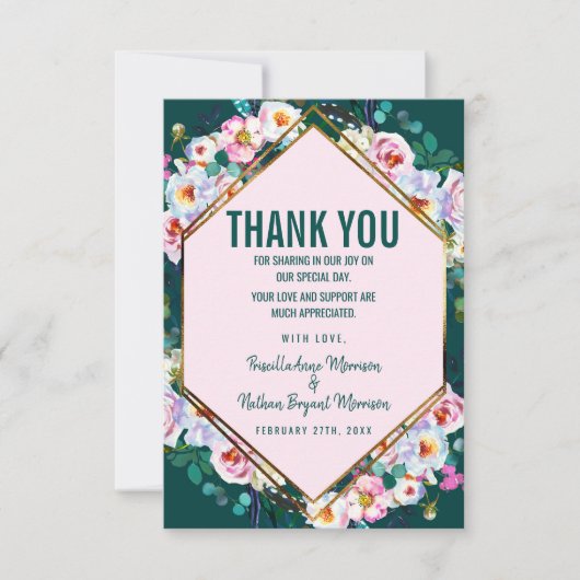 Rosa Blumen-Goldordnungs-Smaragdjade danken Ihnen Dankeskarte (Vorderseite)