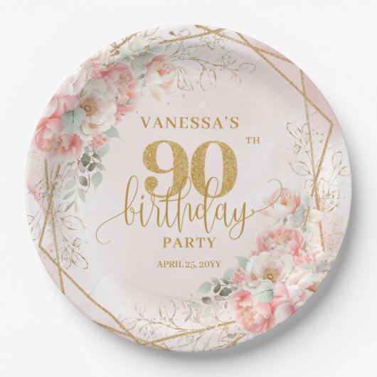 Rosa Blumen Goldrahmen Personalisierter 90. Geburt Pappteller (Vorderseite)
