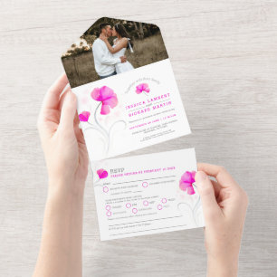 Rosa Blumen graue Wirbel Wasserfarbe Hochzeitsfoto All In One Einladung