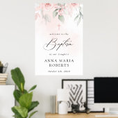 Rosa Blumen, Grün, Boho, Taufe Willkommen Poster (Heimbüro)
