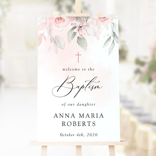 Rosa Blumen, Grün, Boho, Taufe Willkommen Poster