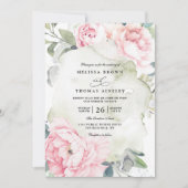 Rosa Blumen Grün Eleganter QR-Code Hochzeit Einladung (Vorderseite)