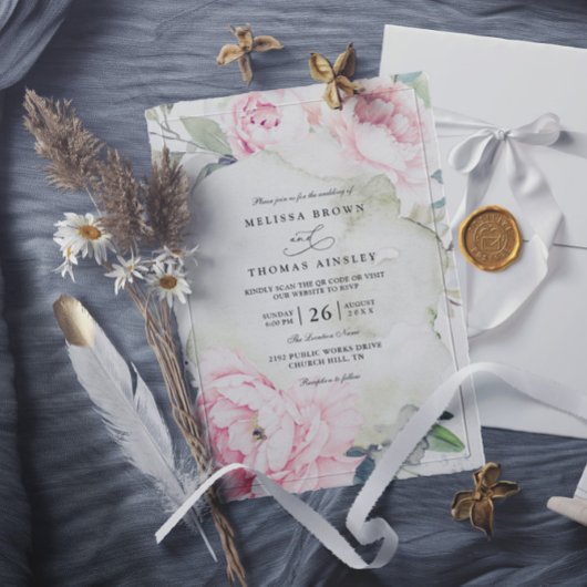 Rosa Blumen Grün Eleganter QR-Code Hochzeit Einladung