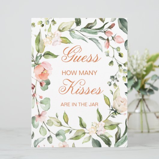 Rosa Blumen, Grün Guess Wie viele Kisses Spiel Einladung (Stehend Vorderseite)