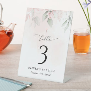 Rosa Blumen, Grün, Tauf-Tischnummern Sockelschild
