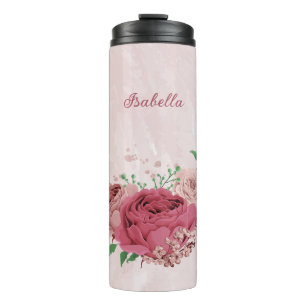rosa Blumen grüne Blätter Hochzeit Thermosbecher