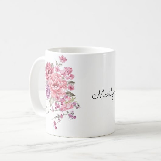 Rosa Blumen-heiliges Rosenbeet Memorare Gebet Kaffeetasse (Vorderseite Links)
