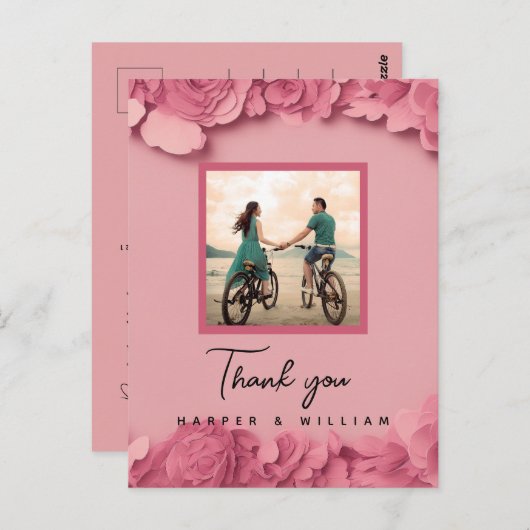 Rosa Blumen Hochzeit Foto vielen Dank Postkarte (Vorne/Hinten)