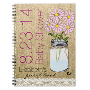 Rosa Blumen im Maurer-Glas-Baby-Duschen-Gast-Buch Notizblock
