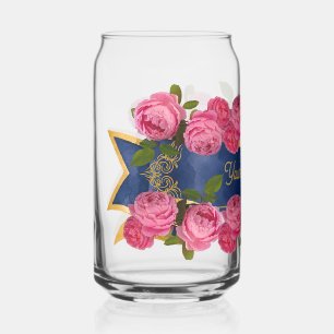rosa Blumen in einem blauen Banner editierbar Dosenglas