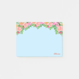 Rosa Blumen & Kalligrafie auf Hellblau Post-it Klebezettel