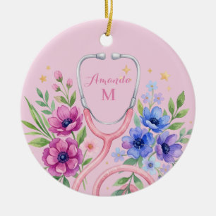 Rosa Blumen Krankenschwester Abschluss Keramik Ornament
