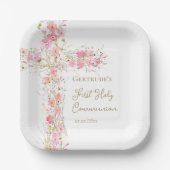 Rosa Blumen Kreuz Erstkommunion Pappteller (Vorderseite)