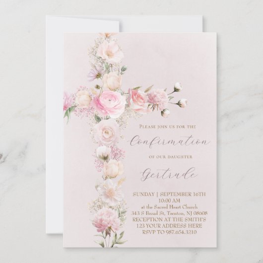 rosa Blumen Kreuz Konfirmation Einladung (Vorderseite)