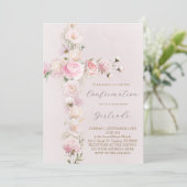 rosa Blumen Kreuz Konfirmation Einladung (Stehend Vorderseite)