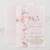 rosa Blumen Kreuz Konfirmation Einladung (Vorne/Hinten)
