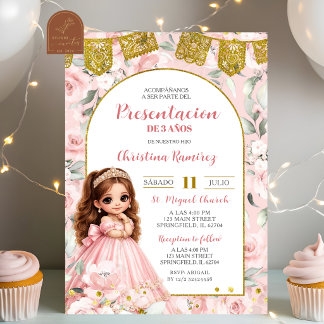 Rosa Blumen Mädchen Präsentation zum 3. Geburtstag Einladung