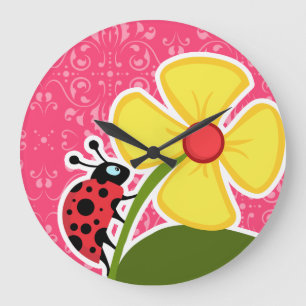 Rosa Blumen; Marienkäfer Große Wanduhr