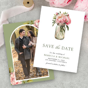 Rosa Blumen-Mason-Glas-Foto-Hochzeit Save The Date