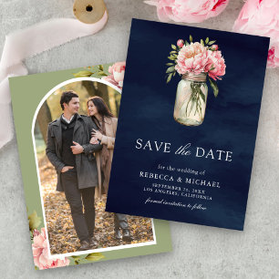 Rosa Blumen-Mason-Glas-Foto Navyblaue Hochzeit Save The Date