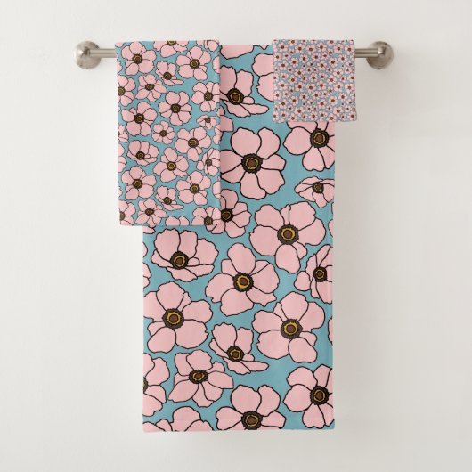 Rosa Blumen mit Blau Badhandtuch Set (Insitu)