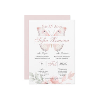 Rosa Blumen mit Schmetterlingen Quinceañera Einladung
