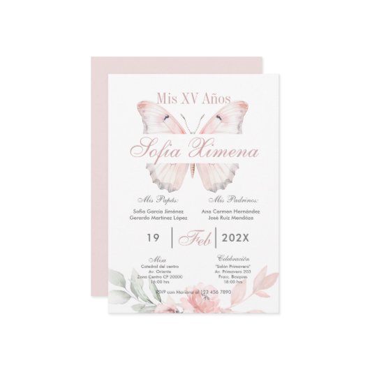 Rosa Blumen mit Schmetterlingen Quinceañera Einladung (Vorderseite/Rückseite Beispiel)