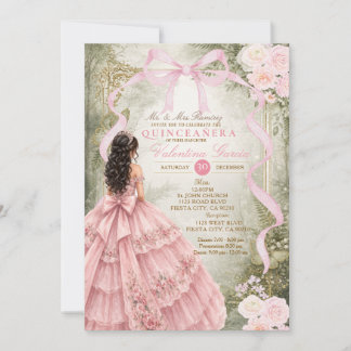 Rosa Blumen-Quinceañera-Einladung mit Gartenband Einladung