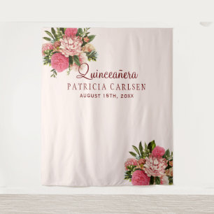 Rosa Blumen Quinceañera Fotobox-Hintergrund Wandteppich