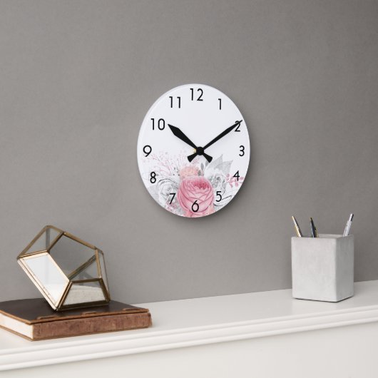 Rosa Blumen Rose Weiß elegant Runde Wanduhr (Büro)
