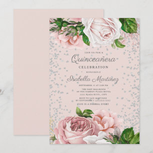 Rosa Blumen Rosen Silber Glitter Quinceañera Einladung
