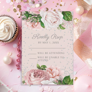 Rosa Blumen Rosen Silber Glitter RSVP Karte