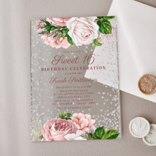 Rosa Blumen Rosen Silber Glitter Sweet 16 Acryleinladungen