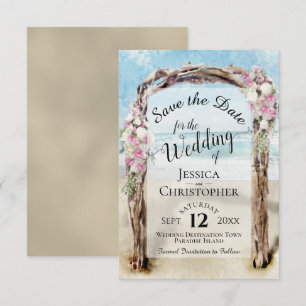 Rosa Blumen-Rustikale-Treibholz-Strand-Pergola-Hoc Save The Date