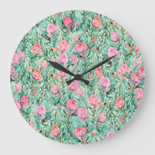 Rosa Blumen, Salbeigrün, nahtlos. Große Wanduhr