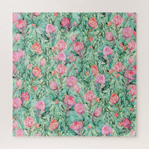 Rosa Blumen, salbeigrün, nahtlos. Puzzle