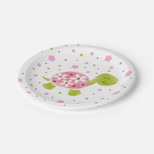 Rosa Blumen-Schildkröte-Party-Platte Pappteller (Schrägansicht)