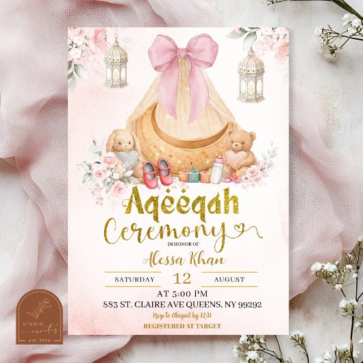 Rosa Blumen-Schleife Aqeeqah Mädchen Einladung