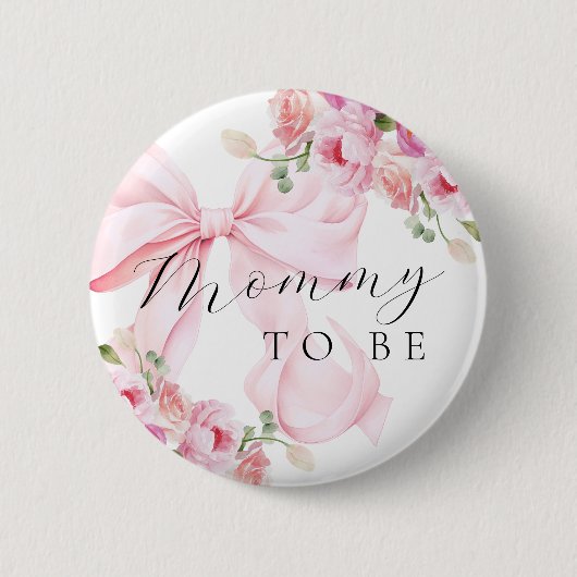 Rosa Blumen-Schleife Baby Shower Button (Vorderseite)