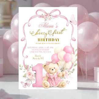 Rosa Blumen-Schleife Coquette Beary Erster Geburts Einladung
