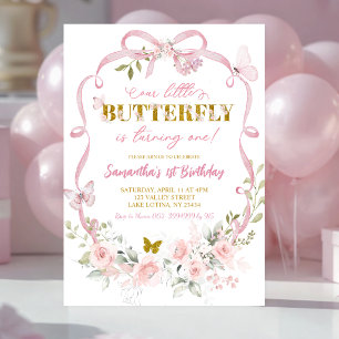 Rosa Blumen-Schleife Coquette Schmetterling 1. Geb Einladung