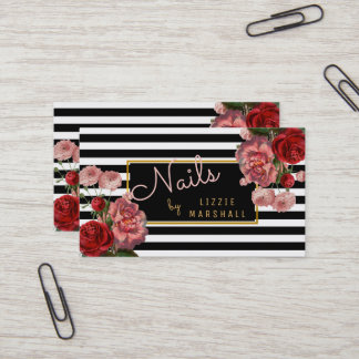 Rosa Blumen| Schwarz-weißer Streifen-NagelTech Visitenkarte