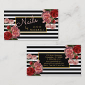Rosa Blumen| Schwarz-weißer Streifen-NagelTech Visitenkarte (Vorne/Hinten)