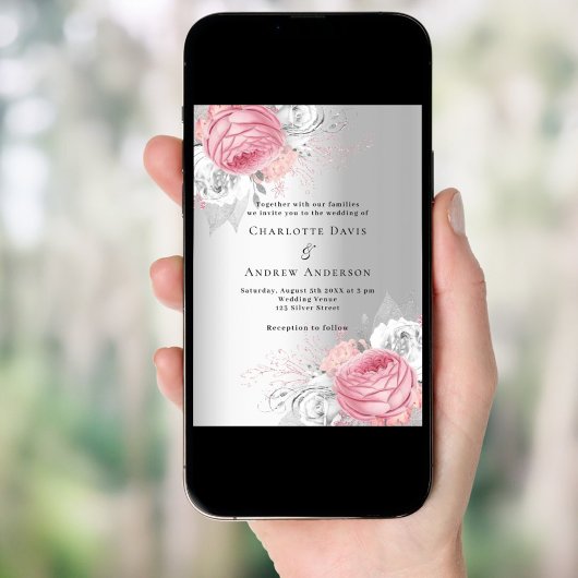 Rosa Blumen Silber elegante Hochzeit Einladung