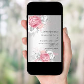Rosa Blumen Silber elegante Hochzeit Einladung