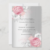 Rosa Blumen Silber elegante Hochzeit Einladung (Vorderseite)