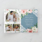 Rosa Blumen-Spitze Staubblau QR-Code Hochzeit Einladung (Innenseite)