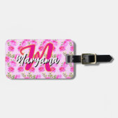 Rosa Blumen (Süßer Name & Initiale) Girly-Monogram Gepäckanhänger (Vorderseite horizontal)