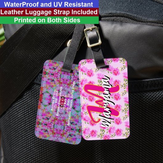 Rosa Blumen (Süßer Name & Initiale) Girly-Monogram Gepäckanhänger