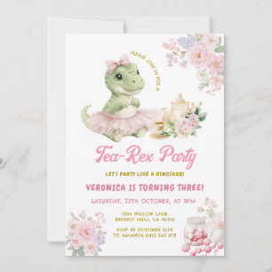 Rosa Blumen Tee-Rex Dinosaurier 3. Geburtstag Einladung